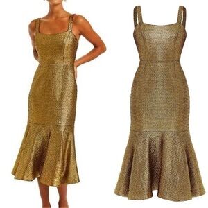 NWT Mestiza New York Jody Metallic Tweed Square Neck Flutter Hem Midi Dress Sz 2